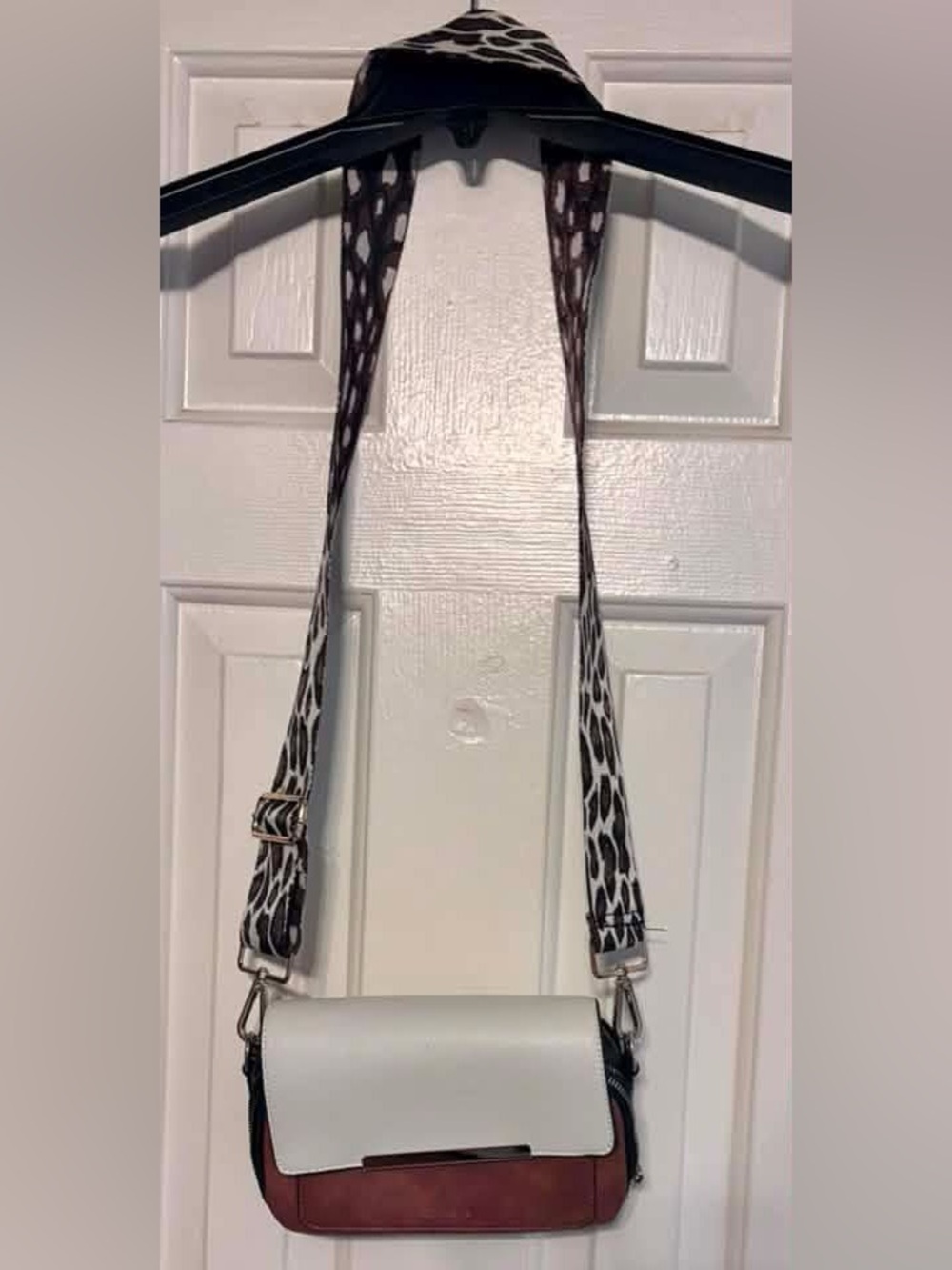 Two-Tone White and Brown Crossbody with Patterned Strap